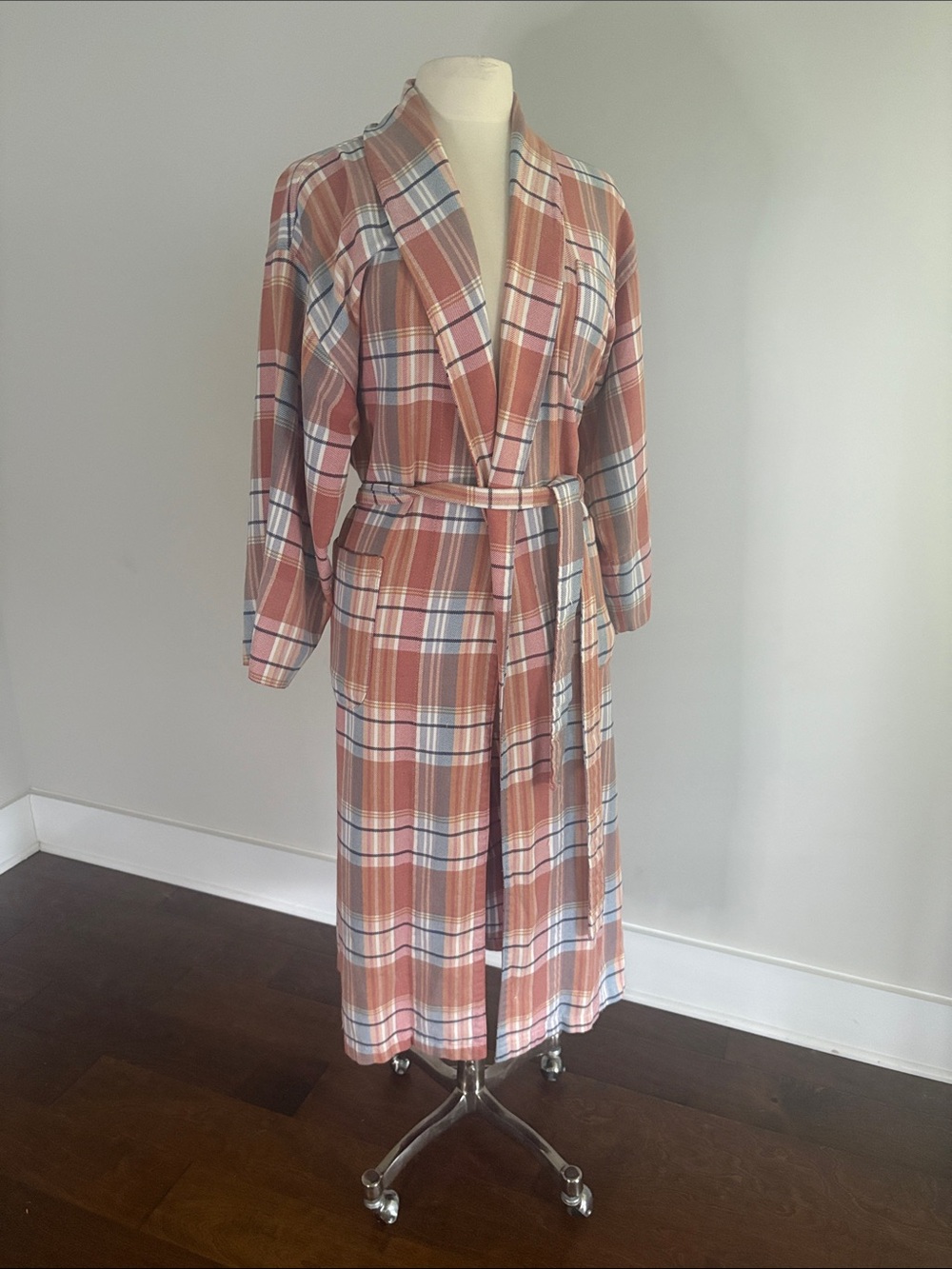 Women's Cacique Naturals Plaid Long Robe - Peach & Cream Shawl Collar